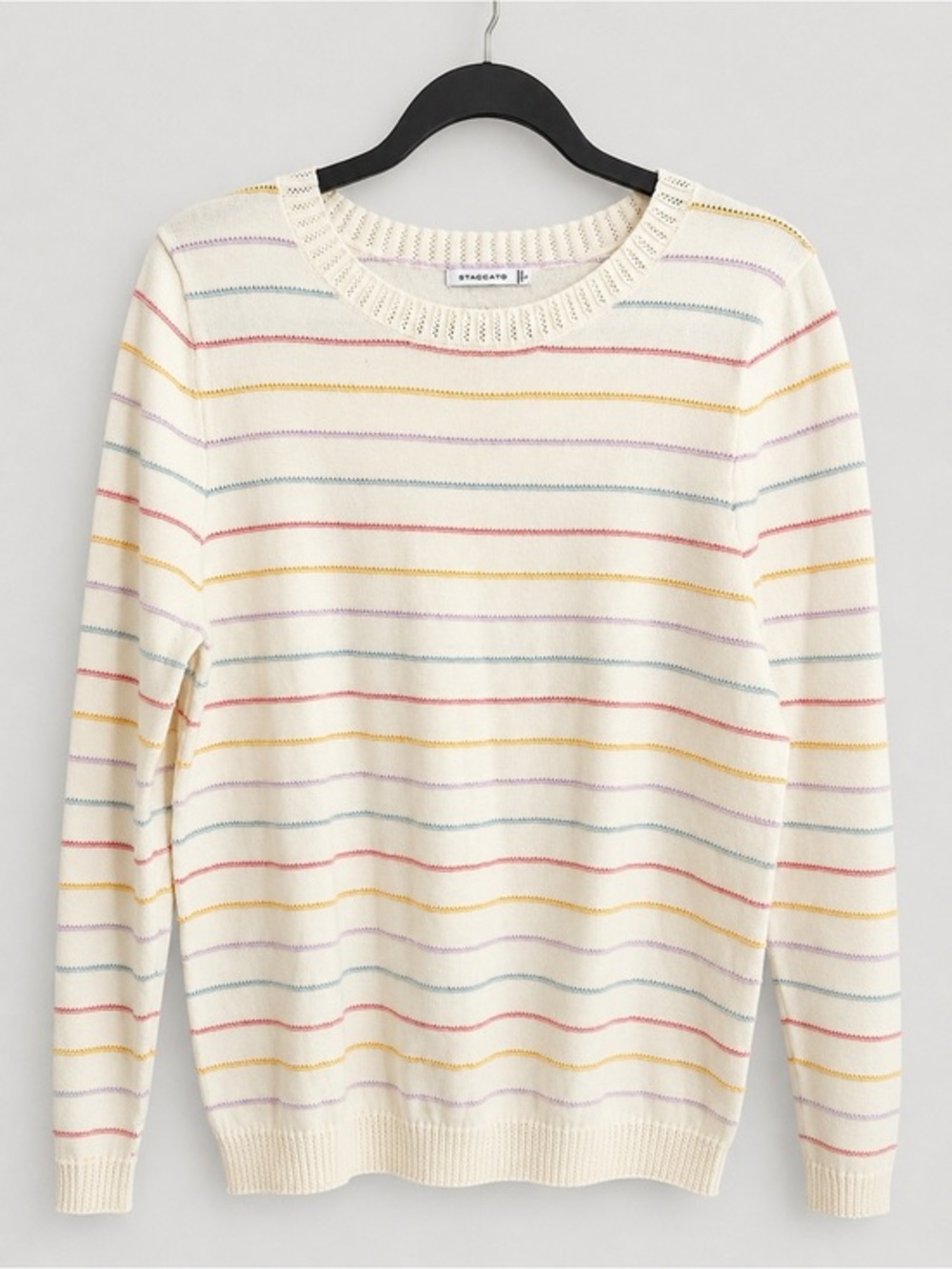Staccato Rainbow Stripe Lightweight Knit Sweater Cream Pullover 100% cotton